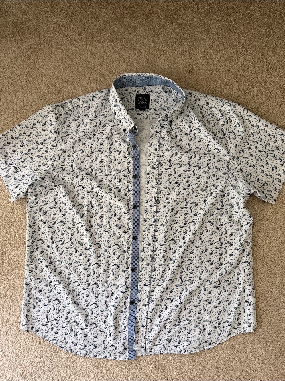 Jos A. Bank White Short-Sleeve Button-Down with Navy Golf Print